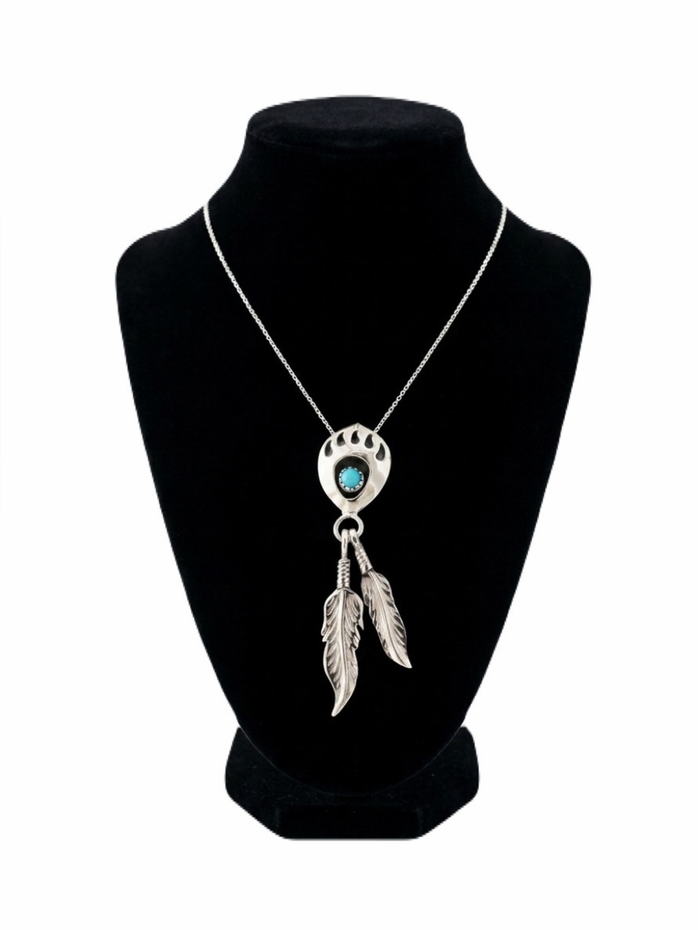 New S925 Sterling Silver Native Turquoise Bear Claw Feather Necklace